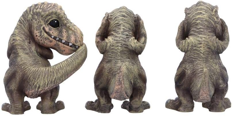 Drei weise T-Rex Figuren: Nichts sehen, nichts hören, nichts sagen