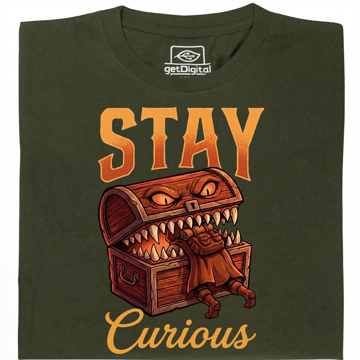 Stay Curious - Vista frontale Maglietta Verde Scuro