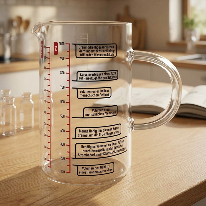 Messbecher Wissenschaft aus Glas auf einer Holz-Arbeitsplatte im Kuechen-/Laborambiente