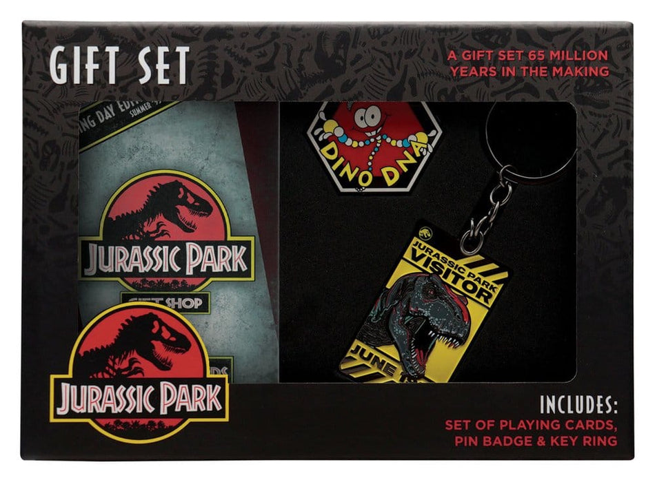 Caja regalo Jurassic Park con baraja de cartas, pin y llavero